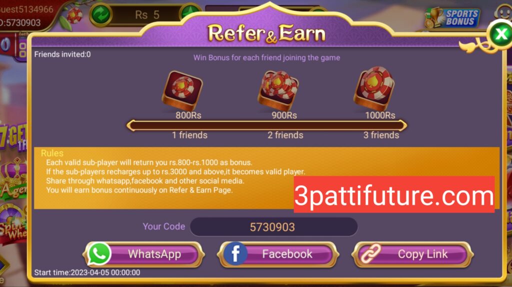 3 Patti loot invite friends Earn Reffar