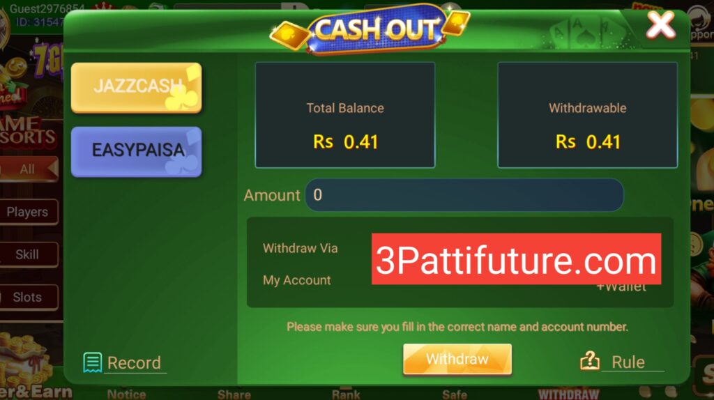 3 Patti crown Easy paisa jazz cash Withdrawal salection