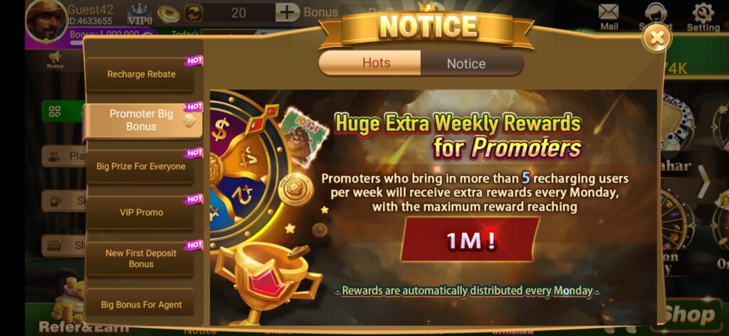 Promoter Big Bonus screen showing weekly rewards for promoters, referral requirements, and maximum bonus promotion