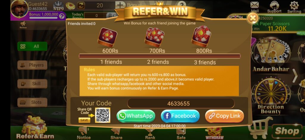 Refer & Win page showing referral bonuses, QR code, and social sharing options.