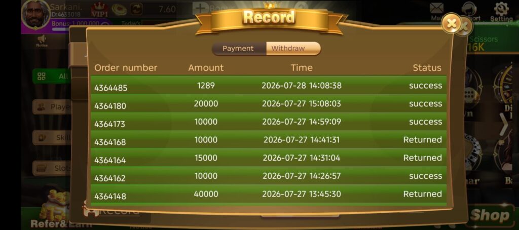 3 Patti withdrawal history screen showing payment records, order numbers, withdrawal amounts, transaction status, and timestamps.