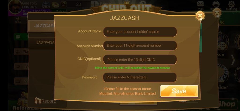 JazzCash withdrawal account setup screen showing account name, mobile number, CNIC, and password fields for educational guidance.